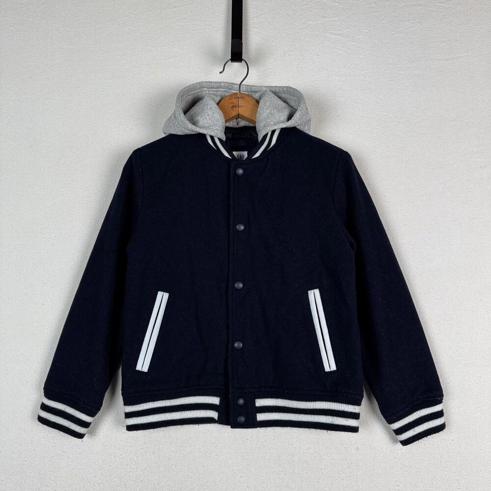 Gap Kids Wool Blend Varsity Baseball Jacket Navy Blue Removable‎ Hood Size L 10